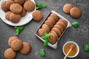 Composition with delicious oatmeal cookies on table