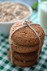 Delicious oatmeal cookies on table, closeup