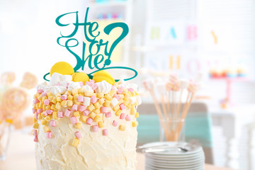 "He or she" cake for baby shower party, closeup