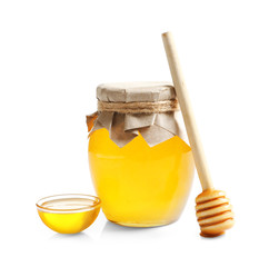 Composition with sweet honey on white background