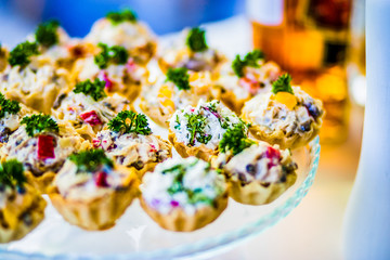 Baskets are filled with cheese and crab sticks