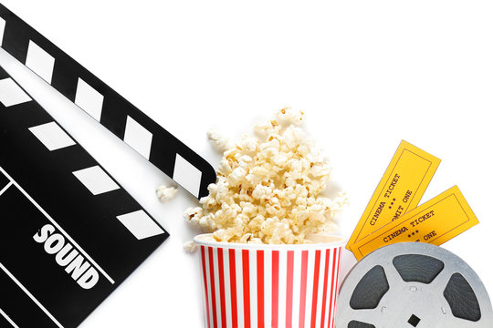 Composition With Popcorn, Movie Clapper And Cinema Tickets On White Background