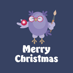 Christmas greeting card with the image of funny owls. Full color vector illustration.