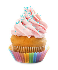 Tasty cupcake on white background