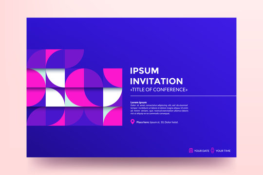 Invitation template. Modern colorful geometric pattern with abstract shapes on blue background. Applicable for banner,web page development, poster, flyer, magazine page. Vector eps 10.