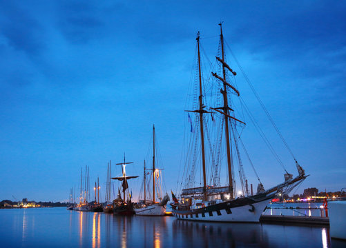 line of sailboats in harbour of Riga