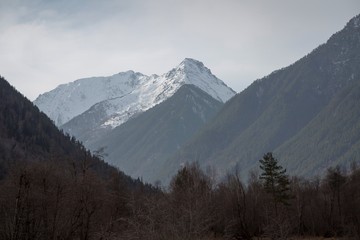 Fototapeta na wymiar Горный пейзаж, высокие скалы в живописном ущелье, панорама, Северный Кавказ