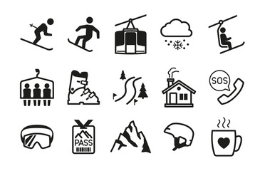 Ski resort icons black silhouettes - obrazy, fototapety, plakaty