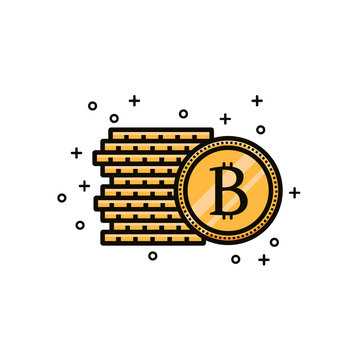 Bitcoin crypto currency sign with bunch of coins. Stack of bit coins flat color line icon on isolated background. Vitrtual or internet btc money symbol or sign.