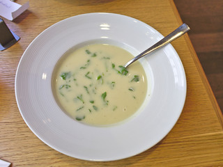 Tasty soup in bowl closeup. Starter for a delicious dinner.