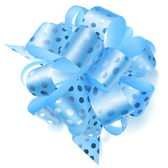 Beautiful big bow made of light blue ribbon in polka dots with shadow on white background