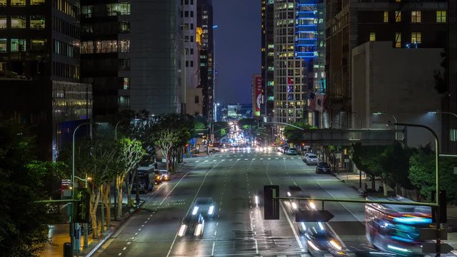 Downtown Los Angeles Traffic and Buildings Night Timelapse