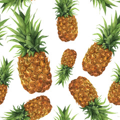Fototapeta premium Watercolor pineapple seamless pattern. Hand painted tropical fruit with leaves isolated on white background. Food botanical illustration for design or print.