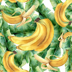 Akwarela banan tropikalny wzór. Ręcznie malowane owoce tropikalne i liście na białym tle. Ilustracja botaniczna żywności do projektowania lub drukowania. - 184634552