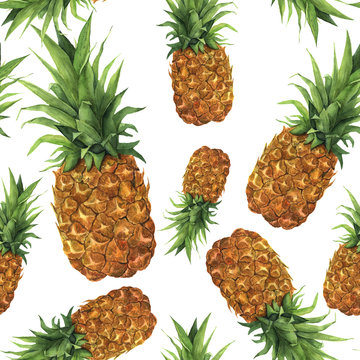Watercolor pineapple seamless pattern. Hand painted tropical fruit with leaves isolated on white background. Food botanical illustration for design or print.