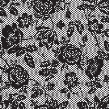 Black seamless lace pattern with rose on transparent background