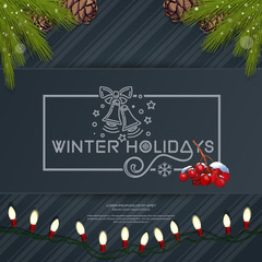 Merry Christmas lettering card with spruce branches, jingle bells, garland and bunch of rowan. Winter holidays. Vector illustration