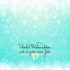 Christmas winter abstract background with snowflakes, bokeh lights and congratulations. Xmas New Year's wallpaper. Frohe Weihnachten Und Ein Gutes Neues Jahr