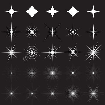Sparkle symbols. Collection of white sparkle icons and illustrations of bright flashes of light on a black background. Vector