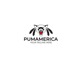 Puma With Feathers Logo Template. Animal Vector Design. American Mountain Lion Illustration
