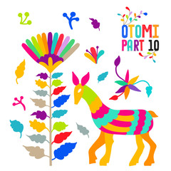 Vector folk Mexican Otomi Style embroidery Pattern set. Folk embroidery ornament elements.