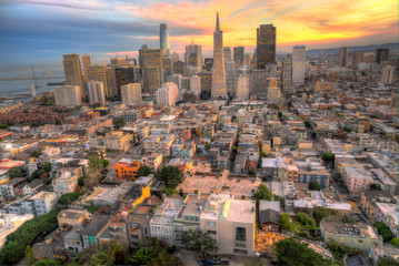 Spectacular Aerial View of the San Francisco Skyline at Sunset, including the new Salesforce tower.