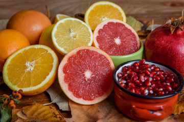 Tropical fruit mix of citrus, lemon, orange, pomegranate 