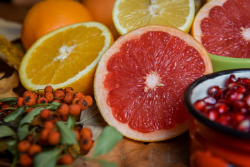 Tropical fruit mix of citrus, lemon, orange, pomegranate 