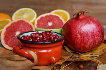 Tropical fruit mix of citrus, lemon, orange, pomegranate 