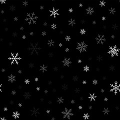 White snowflakes seamless pattern on black Christmas background. Chaotic scattered white snowflakes. Admirable Christmas creative pattern. Vector illustration.