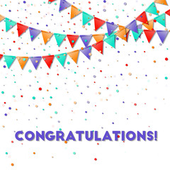 Obraz premium Bunting flags. Grand celebration card. Bright colorful holiday decorations and confetti. Bunting flags vector illustration.