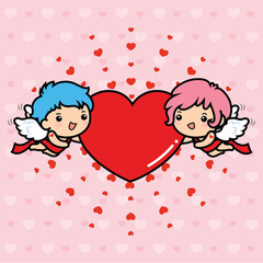Happy Valentine's day , Cute cartoon Cupid flying with big heart