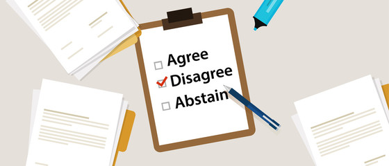 disagree selecting an item in the survey. Items for voting agree, disagree, abstain on paper with check mark