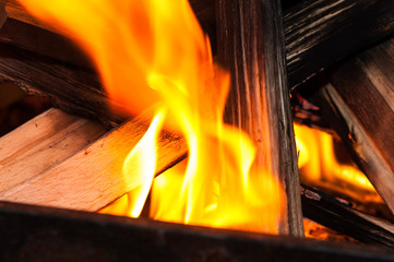 flame devouring wood sticks on a coasy fireplace in a hous