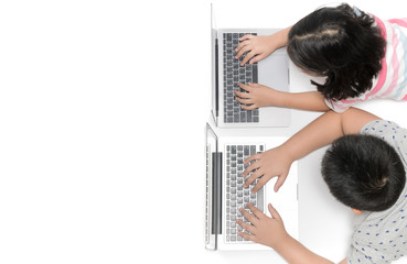 kids playing computer on top view isolated