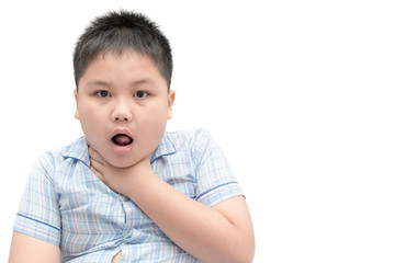 boy gestures with something stuck in his throat