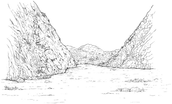 漫画風ペン画イラスト　自然物（岩山）