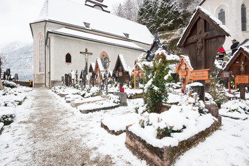Tomb Of the Christian in Hallstatt hesitage city 4000 years in Austria in winter cover Snow
