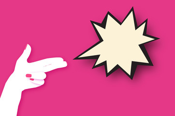 Origami Female holding Two fingers like a revolver in paper cut style. Dynamic Bang speech bubble on pink. Origami Woman hand. Space for text. Speech bubble.