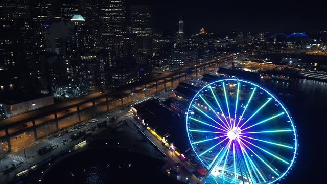 Seattle Waterfront Lights in Evening Helicopter Flight