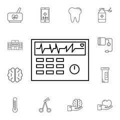 Electrocardiogram device and heart pulse on screen line icon. Set of medicine tools icons. Signs, outline symbols collection, simple icons for websites, web design, mobile app