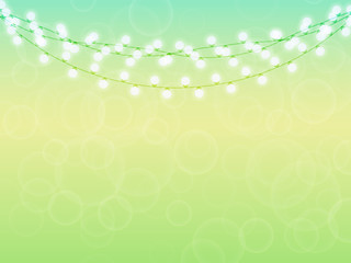 Spring background in gentle green and blue colors, the garland with glowing light bulbs. The form for your business. Vector illustration.