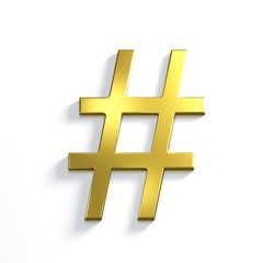 Hash Tag. 3D Render Illustration Isolated.Golden Metallic color