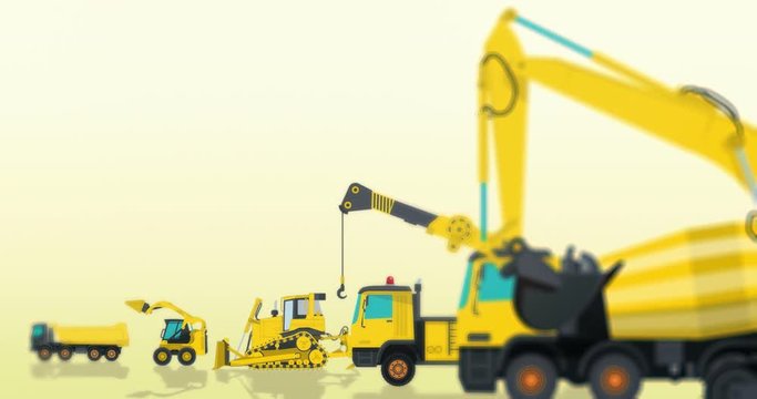 Yellow set of construction machinery machines vehicles. Construction equipment for building. Excavator, truck, digger, crane, bagger, concrete mixer, master animation, ground works banner.
