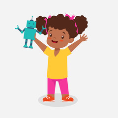african american little girl playing with robot