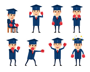 Set of funny graduate student characters posing with boxing gloves. Cheerful graduate attacking, dazed, tired, celebrating and showing other actions. Flat style vector illustration