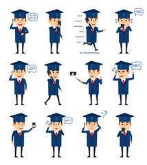 Set of graduate student characters posing with phone. Cheerful student talking on phone, laughing, angry and showing other actions. Flat style vector illustration