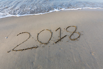 2018 on beautiful sand beach with sea wave with coppy space