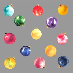 Set Christmas decorations on Christmas tree of watercolor stains blots. Watercolor Christmas balls