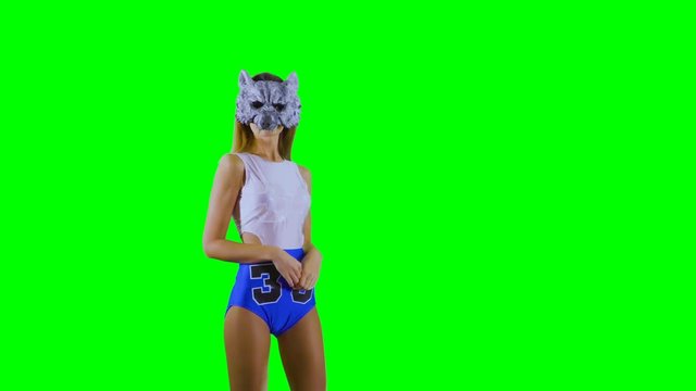 Pretty wolf demonstrate something on hands at chroma key background